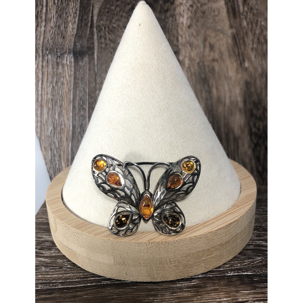 Vintage Sterling Silver Baltic Amber Butterfly Brooch